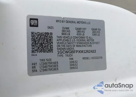 2021 Chevrolet Express Cargo Rwd 2500 Extended Wheelbase Wt z USA, uszkodzony, nr VIN 1GCWGBFPXM1262422